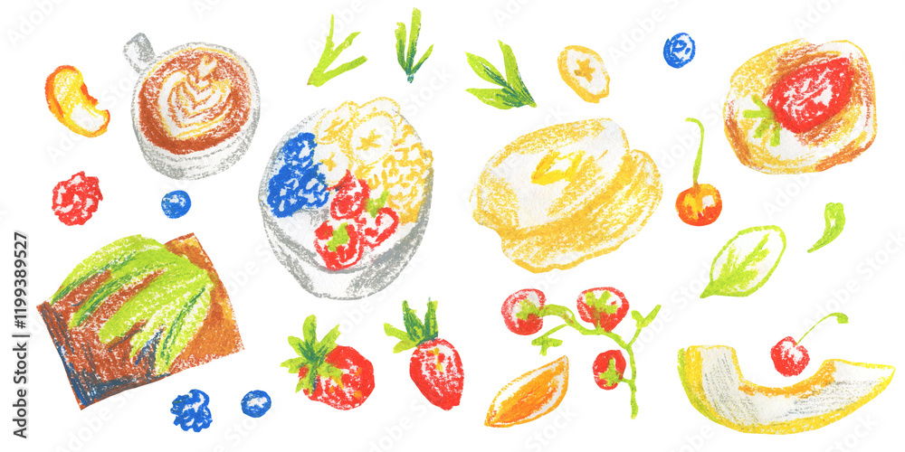 Clip art of colorful Breakfast drawn with wax crayons on white isolated background. Children's food collection of oil pastel illustrations. Designs for greeting cards, stickers, social media, posters. Clip art of colorful Breakfast drawn with wax crayons on white isolated background. Children's food collection of oil pastel illustrations. Designs for greeting cards, stickers, social media, posters.