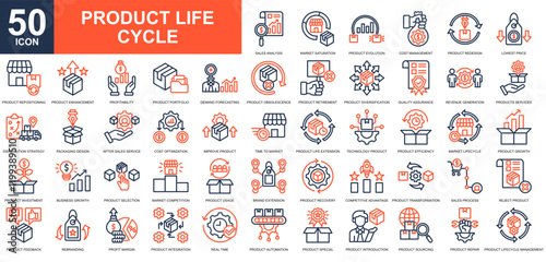 Product Life Cycle icon collection set. Product management, supply chain management, Time to market, rebranding, market store icon. Simple line color vector.