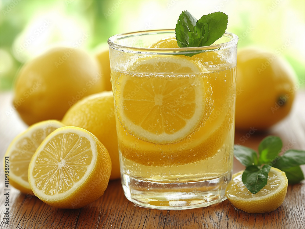 A Drink of Lemonade with Lemon Slices in a Glass on the Table A Drink of Lemonade with Lemon Slices in a Glass on the Table