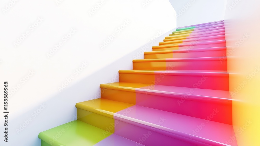 Vibrant Rainbow Staircase in Soft Yellow and Pink Shades with Minimalist White Wall and Copy Space for Creative Design Solutions Vibrant Rainbow Staircase in Soft Yellow and Pink Shades with Minimalist White Wall and Copy Space for Creative Design Solutions