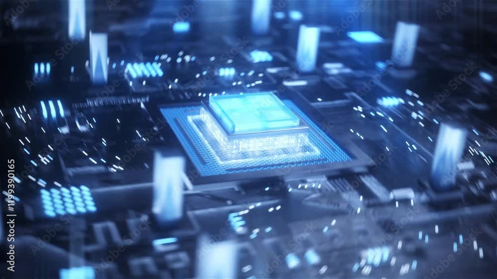 Technology chip display animation, CPU internal components operation and working principle, chip's complex design and function, data flow through chip circuit. Technology chip display animation, CPU internal components operation and working principle, chip's complex design and function, data flow through chip circuit.