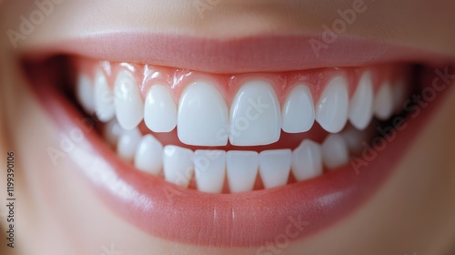 Bright white smiling teeth showcasing excellent dental hygiene and oral care in a close-up view with soft natural light and smooth skin tones featuring empty space for text. photo