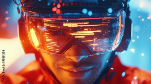 A midrange closeup of a worker smiling confidently their AR visor showcasing safety compliance checklists while glowing indicators highlight safety gear like goggles and gloves. photo