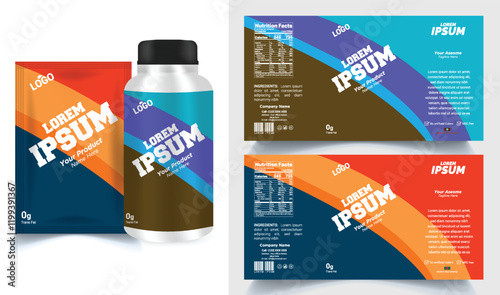 Vitamin label sticker design, natural multi food supplement banner packaging, jar label.