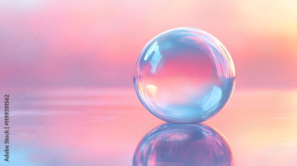 Iridescent soap bubble floats against soft pastel gradient background, displaying pink and blue ethereal glow. Translucent sphere shows reflective surface and light refraction in dreamy atmosphere. Iridescent soap bubble floats against soft pastel gradient background, displaying pink and blue ethereal glow. Translucent sphere shows reflective surface and light refraction in dreamy atmosphere.