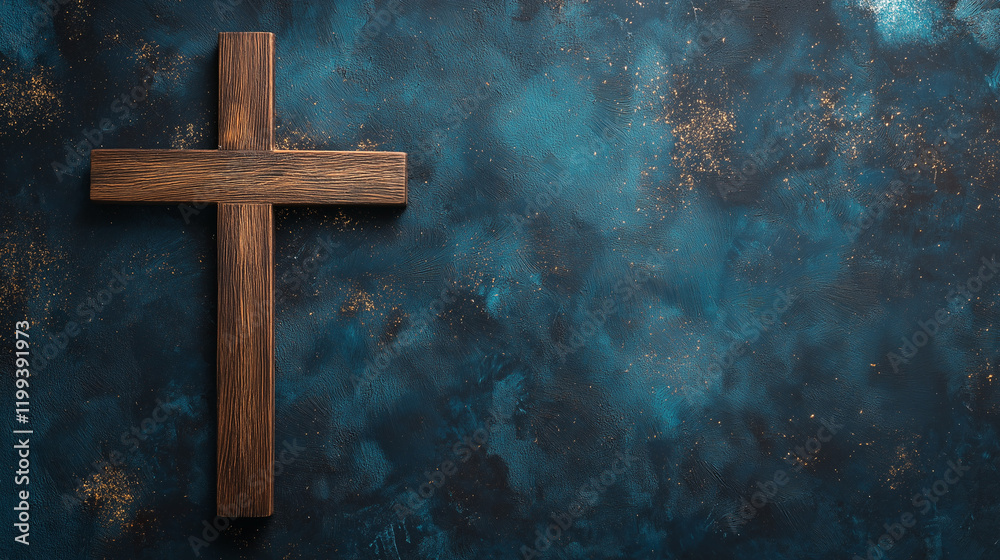 Fototapeta premium Wooden Cross Under Starry Night Symbolizing Jesus Christ Crucifixion and Faith