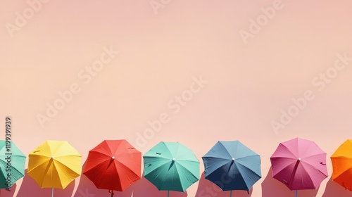 Colorful beach umbrellas in a row at a rental shop on sandy shore with pastel pink sky, ideal for vacation themed design or advertising. photo