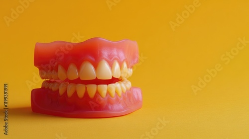 Challenges of Dentures for Seniors Close-up of Pink Dentures on Bright Yellow Background with Copy Space for Text and Dental Health Themes photo