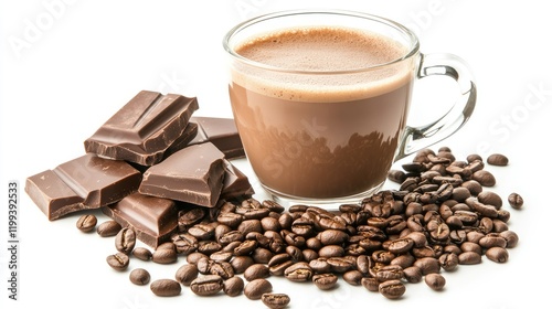 Aromatic coffee cup surrounded by dark chocolate bars and roasted coffee beans on a bright white background with ample copy space for text. photo