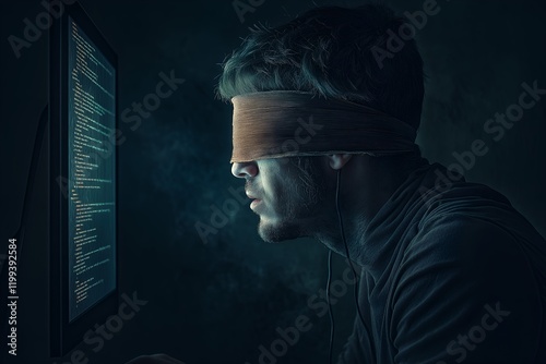 Blindfolded Person Focused on a Computer Screen Displaying Code, Representing Cybersecurity and Digital Challenges