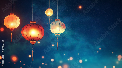 A card featuring colorful, glowing lanterns hanging from the top, with a deep blue starry sky background. The lower half is left blank with a soft white overlay for writing text