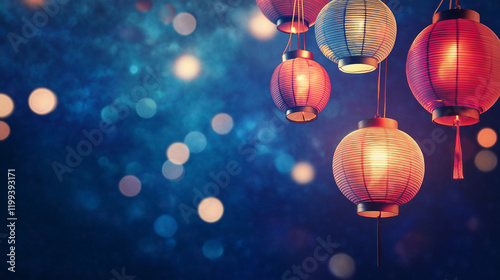 A card featuring colorful, glowing lanterns hanging from the top, with a deep blue starry sky background. The lower half is left blank with a soft white overlay for writing text