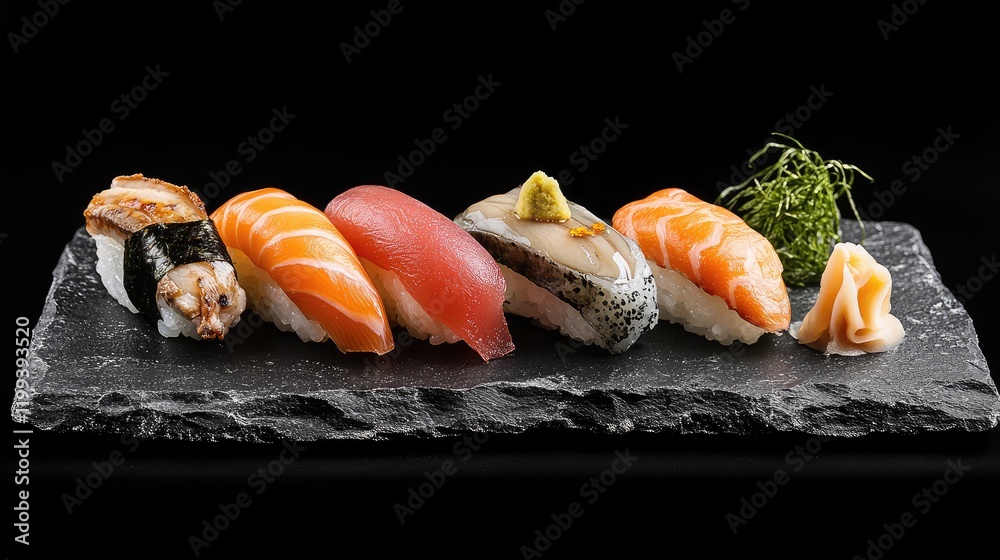 Vibrant sushi selection with nigiri and maki on dark stone surface, space for text Vibrant sushi selection with nigiri and maki on dark stone surface, space for text