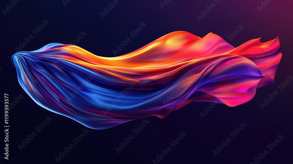 Obraz premium Dynamic action shot of vibrant flowing superhero cape in shades of blue, orange, and purple with dark background and ample copy space for branding.