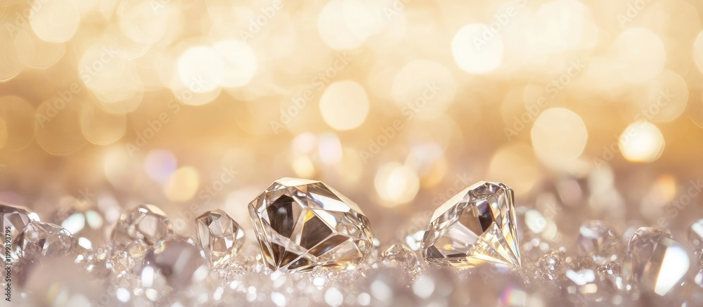 Fototapeta premium Defocused sparkling diamonds and crystals on a soft golden blurred background with vibrant hues and ample space for text placement.