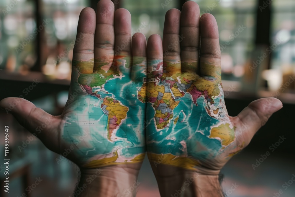 Obraz premium World map painted on hands symbolizing global unity and responsibility