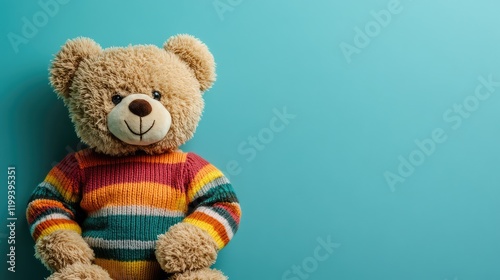 Teddy Bear Dressed in Multicolored Striped Sweater Against a Solid Cyan Background with Space for Text on the Right Side