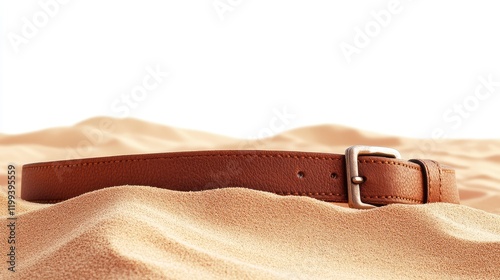 Brown leather desert belt without buckle positioned on sandy terrain with soft focus background, isolated on white for clear product display. photo