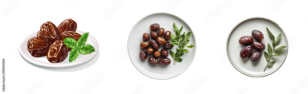 Assorted dates displayed on elegant dishes with fresh mint leaves, highlighting their rich textures and natural colors. Assorted dates displayed on elegant dishes with fresh mint leaves, highlighting their rich textures and natural colors.
