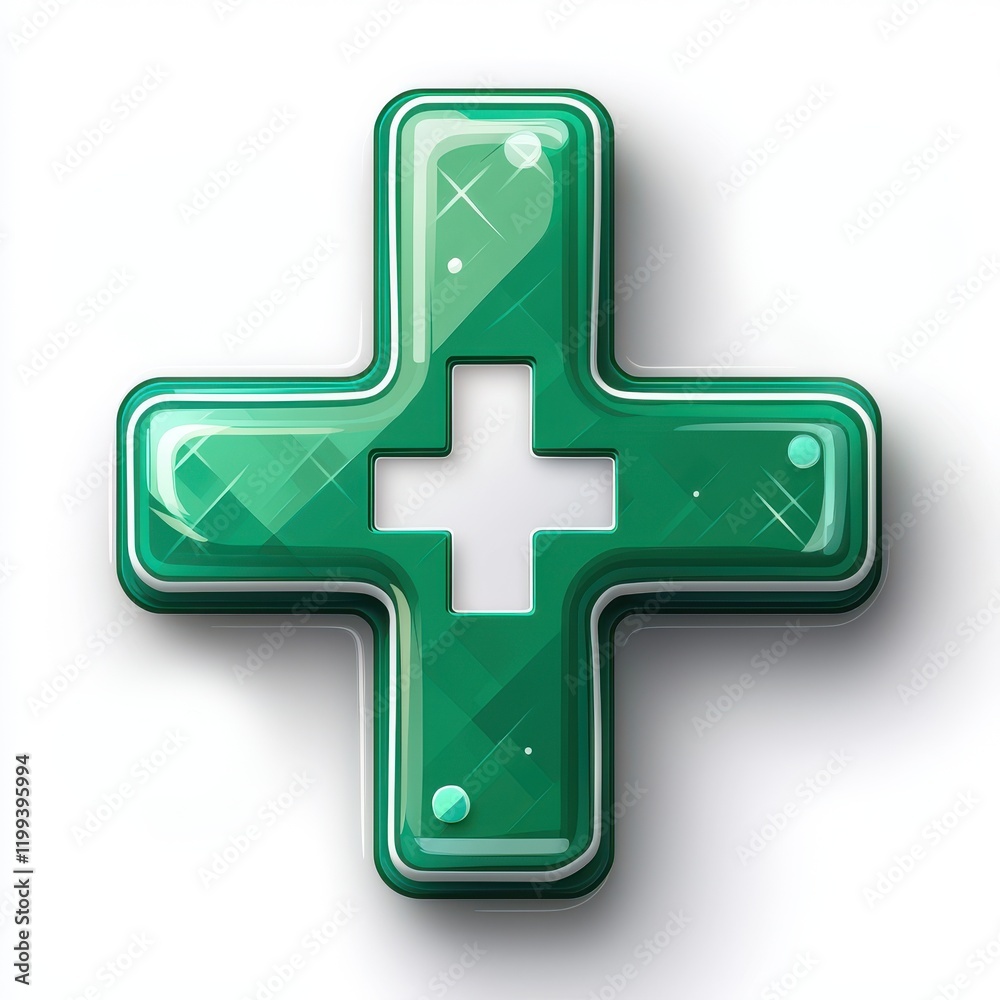 Obraz premium Shiny Green Medical Cross Symbol Healthcare Icon Plus Sign Glossy Design Element