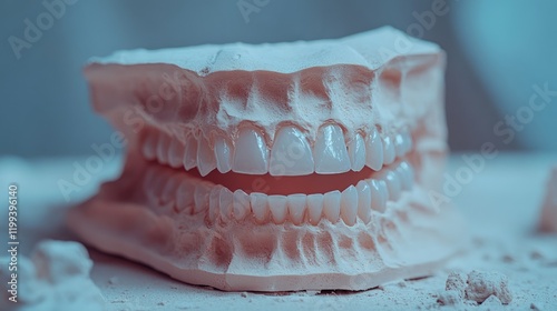 Close-up of a detailed denture model in pale plaster, showcasing artificial plastic teeth with soft blue background and empty space for text.