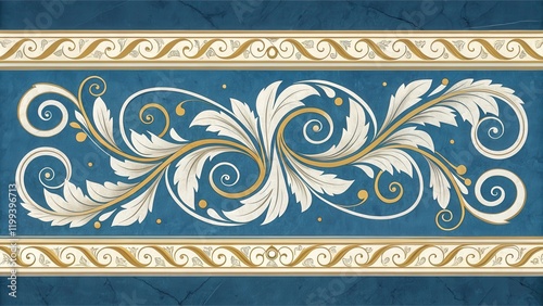 Elegant Blue and Gold Scrollwork with Acanthus Leaf Motifs and Decorative Borders