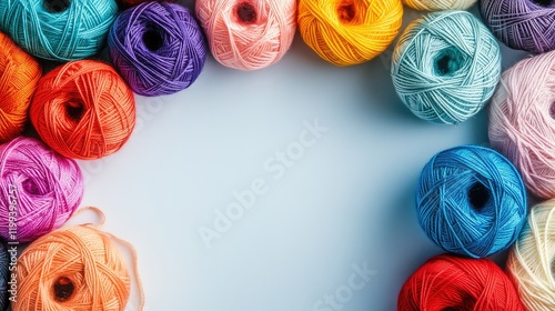 Colorful Yarn Balls on Fabric with Blank Space for Text or Design Elements photo