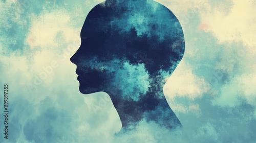 Silhouette of a profile against a textured blue and white abstract background, representing mental health themes with space for text.