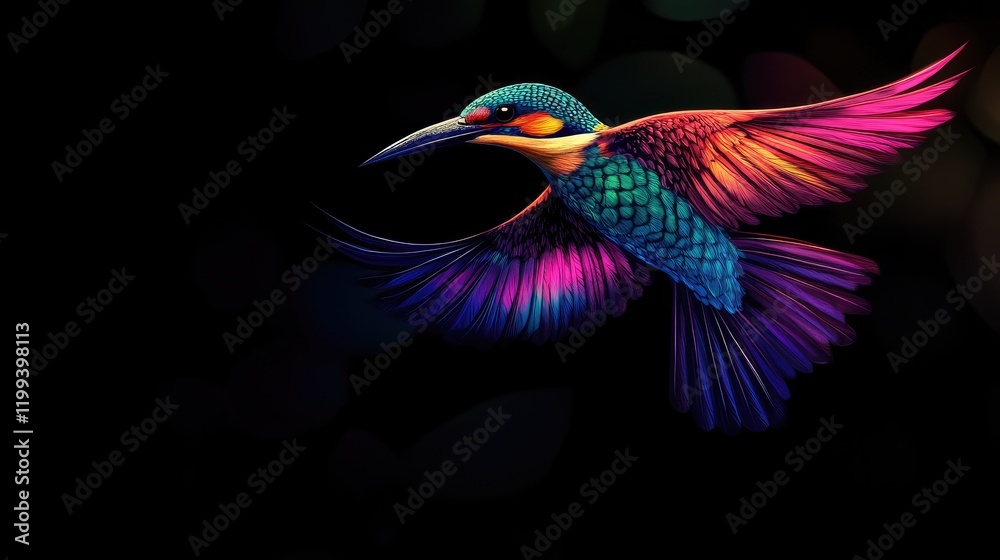 Obraz premium Vibrant tropical bird in acrobatic flight with spread wings against dark blurred background featuring colors of blue, green, orange, and purple.