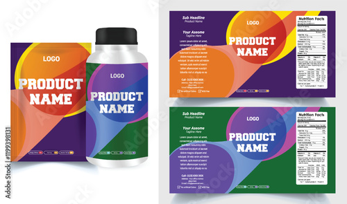 Vitamin label sticker design, natural multi food supplement banner packaging, jar label.
