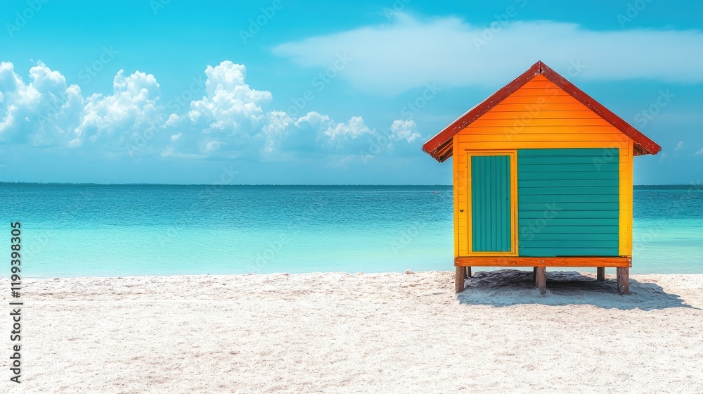 Obraz premium Vibrant Seaside Cottage with Yellow and Green Facade on Sandy Shore Against Clear Turquoise Waters and White Cloudy Sky