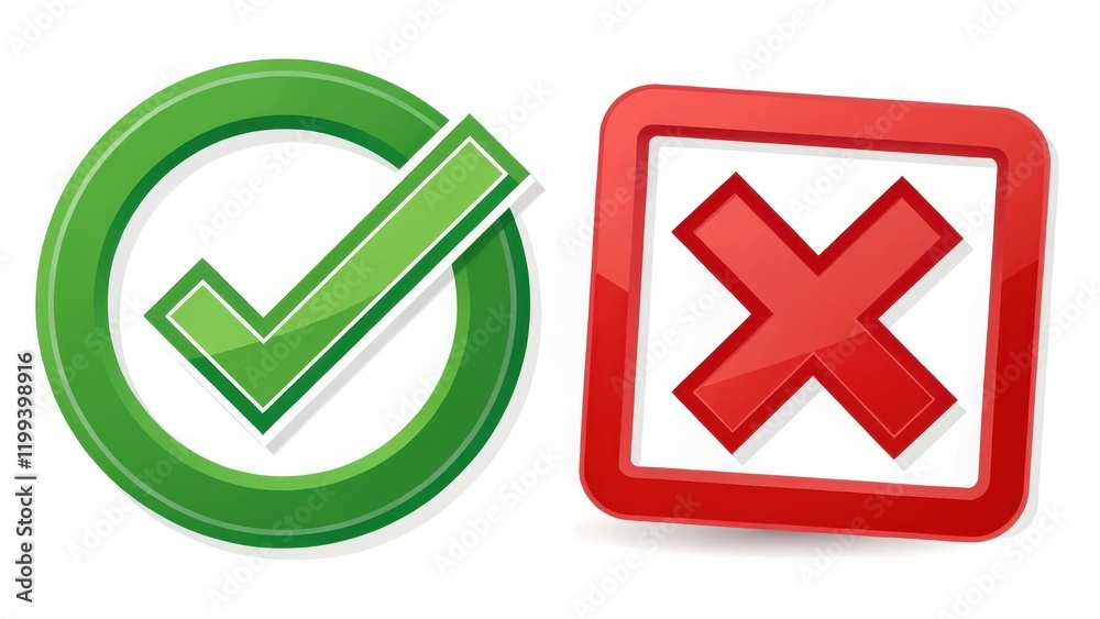 Glossy Green Checkmark and Red Cross Symbols Choice, Decision, Selection, Approval, Rejection Glossy Green Checkmark and Red Cross Symbols Choice, Decision, Selection, Approval, Rejection
