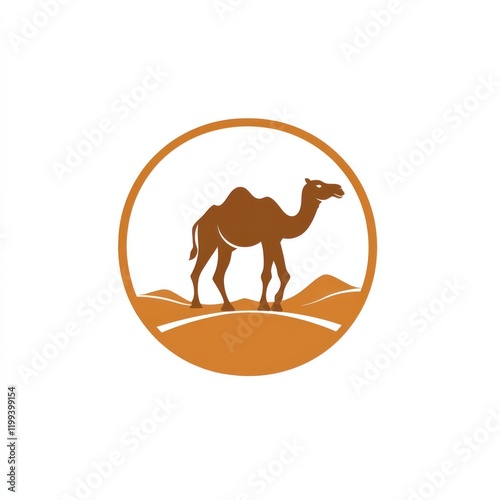 Camel walking in a desert scene inside a circle. Ideal for a graphic design or logo photo