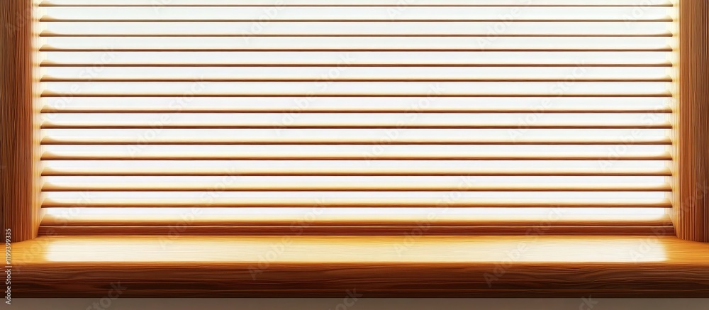 Obraz premium Bright wooden window sill with contemporary horizontal blinds against a warm light background, ideal for adding text or design elements.