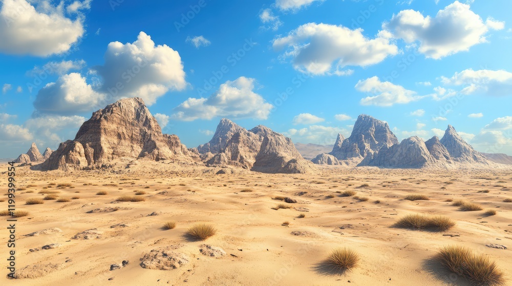 Fototapeta premium Vast desert scene with rugged rock formations under a clear blue sky, scattered clouds above, and open area for potential text insertion.