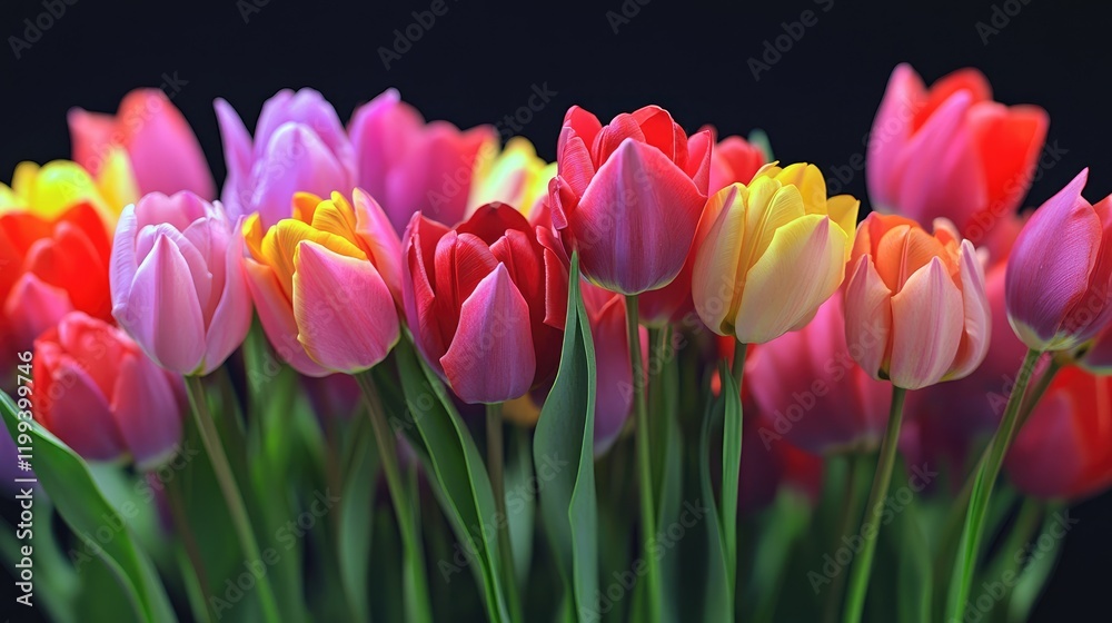 Vibrant Colorful Tulip Flower Bouquet in Various Shades of Pink Red and Yellow with Green Stems on Dark Background with Copy Space for Text Vibrant Colorful Tulip Flower Bouquet in Various Shades of Pink Red and Yellow with Green Stems on Dark Background with Copy Space for Text