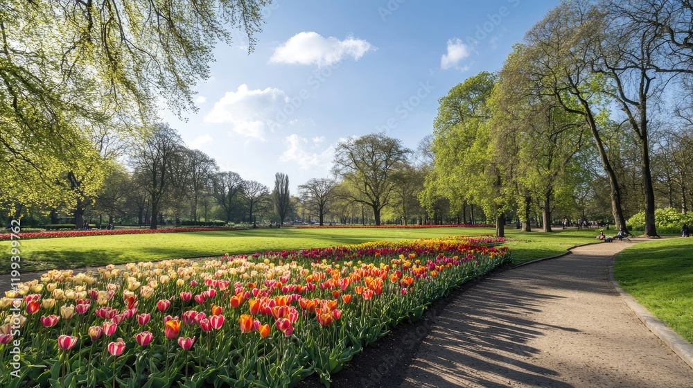 Obraz premium Vibrant tulip flowers in a park under clear blue sky with path and greenery