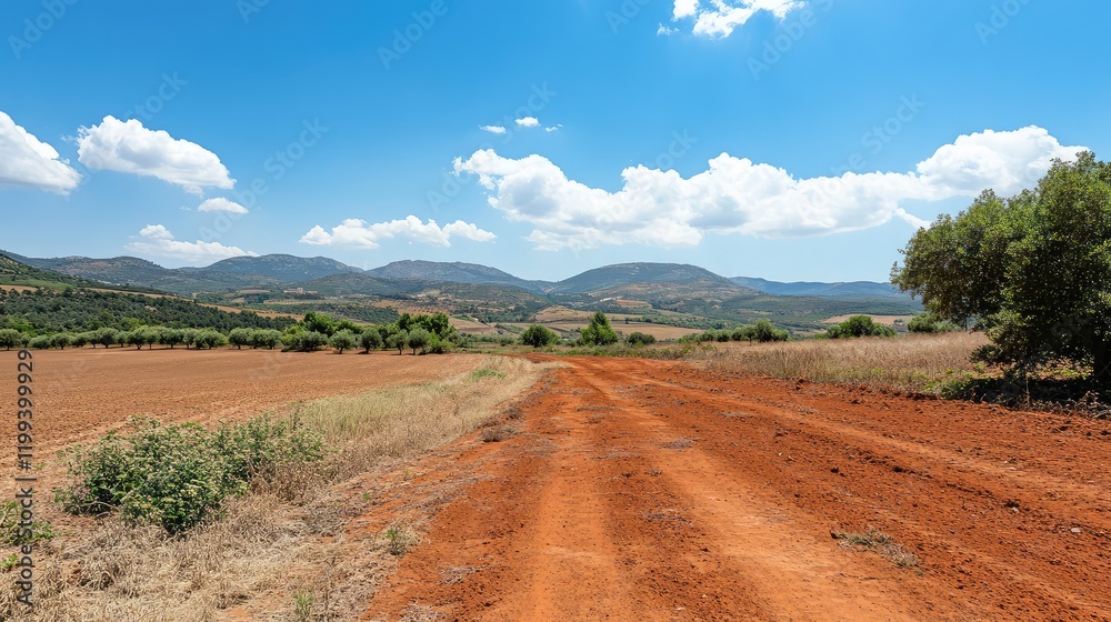 Obraz premium Andalusia desert terrain, dry red earth with blue sky and empty text space
