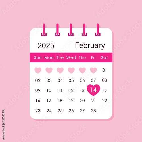 February 14 calendar date highlighted with pink heart on calendar sheet, Valentines day 2025, vector illustration