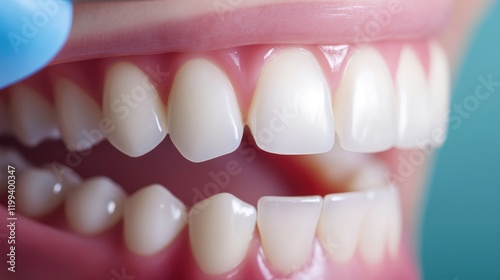 Dental Office Close-Up of Healthy Teeth with Non-Surgical Probing Technique on Interproximal Cavities and Soft Blue Background for Text Space photo