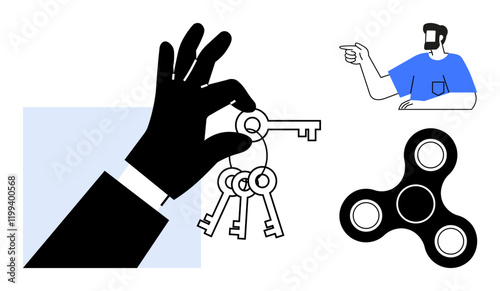 Black hand holds keys, man in blue shirt points right, black fidget spinner on right. Ideal for navigation, decision-making, mindfulness, stress relief, guidance focus and choices. Abstract line