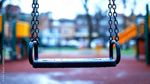 Empty swing in a rainy park. Nostalgic childhood memories and leisure time. A melancholic scene of a playground.