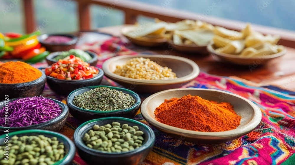 Vibrant Mexican Vegetables and Spices in Bowls on Colorful Textile with Neutral Background for Text Placement, Captured from Above Vibrant Mexican Vegetables and Spices in Bowls on Colorful Textile with Neutral Background for Text Placement, Captured from Above