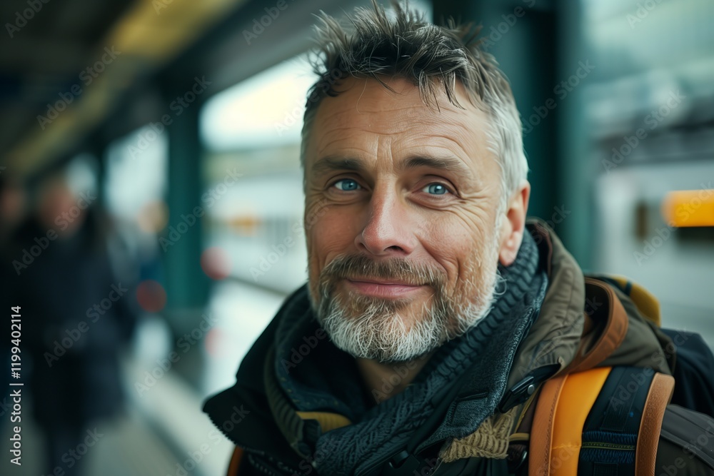 Smiling man with a beard standing at a train station, exuding warmth and approachability in a bustling environment. Smiling man with a beard standing at a train station, exuding warmth and approachability in a bustling environment.