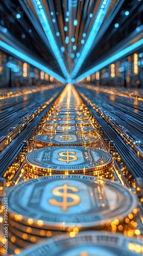 Icon money  economic  stability concept. A futuristic scene depicting glowing coins with dollar signs, lined up in a dynamic, illuminated environment, suggesting themes of wealth and technology. photo