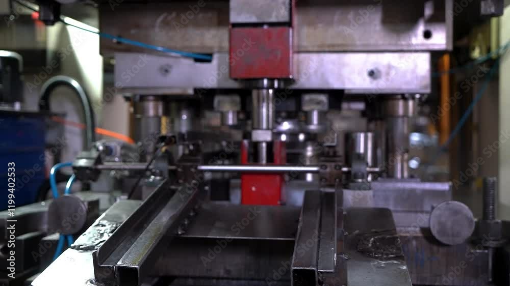 Close up view of a large hydraulic transfer press line shaping metal parts in a factory. Close up view of a large hydraulic transfer press line shaping metal parts in a factory.