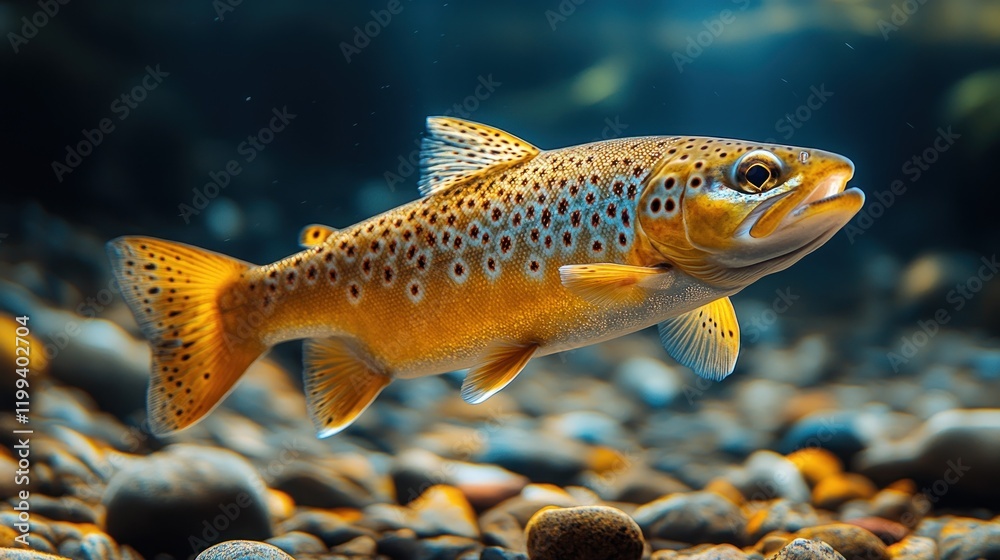 Naklejka premium Underwater scene featuring a vibrant brown trout swimming gracefully among pebbles and stones