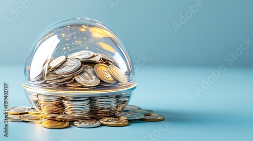 Icon money  economic  stability concept. A transparent dome filled with shiny coins, showcasing wealth and saving, set against a soft blue background.
