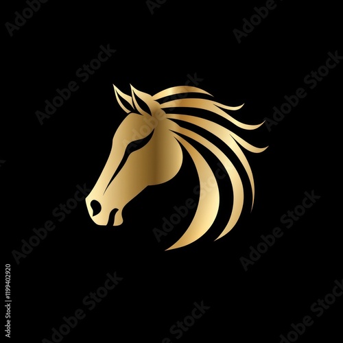 Gold horse head on black background, stylized, for logo design photo