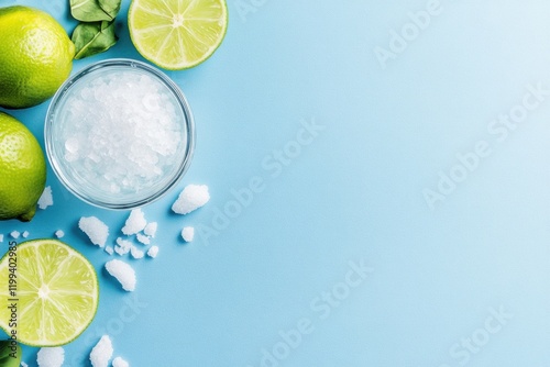 Minimalist cocktail setup featuring margarita glass lime and salt on pastel blue background